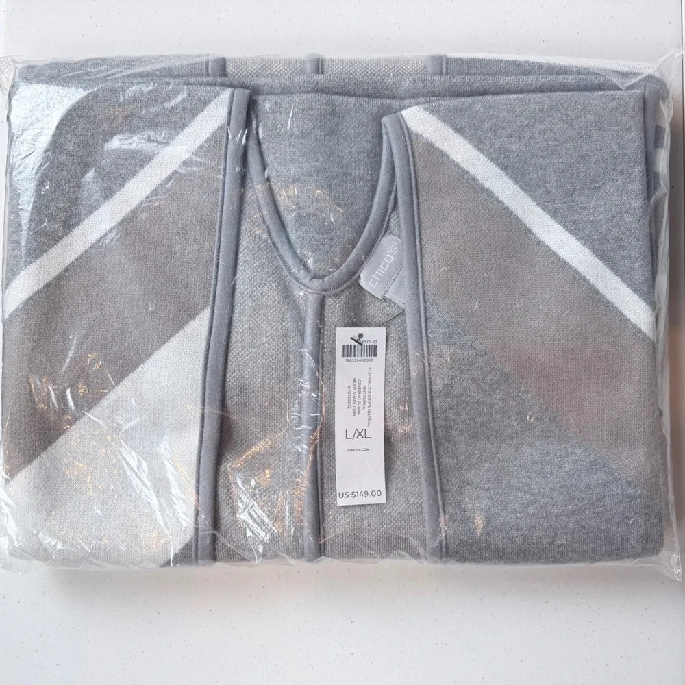 Chicos NWT Colorblock Stripe Ruana Moon Shade Gray L/XL Wrap Poncho Retail 149